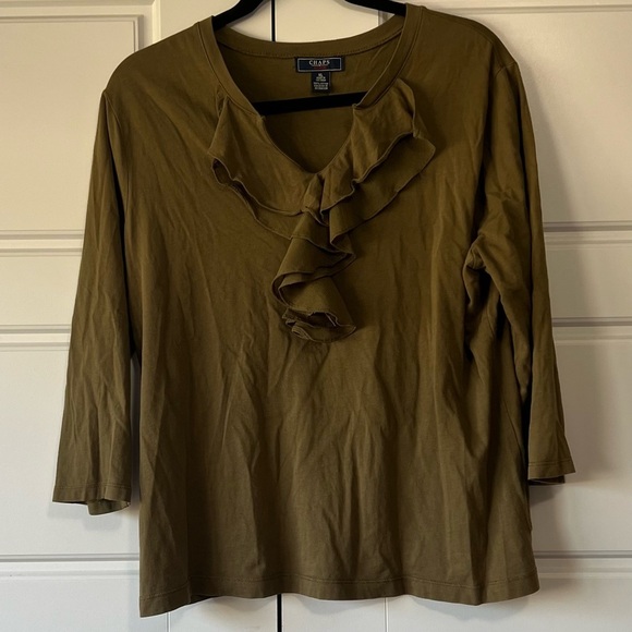 Chaps Olive Green Ruffle Neck 3/4 Sleeve Top‎ Blouse XL - Picture 1 of 4
